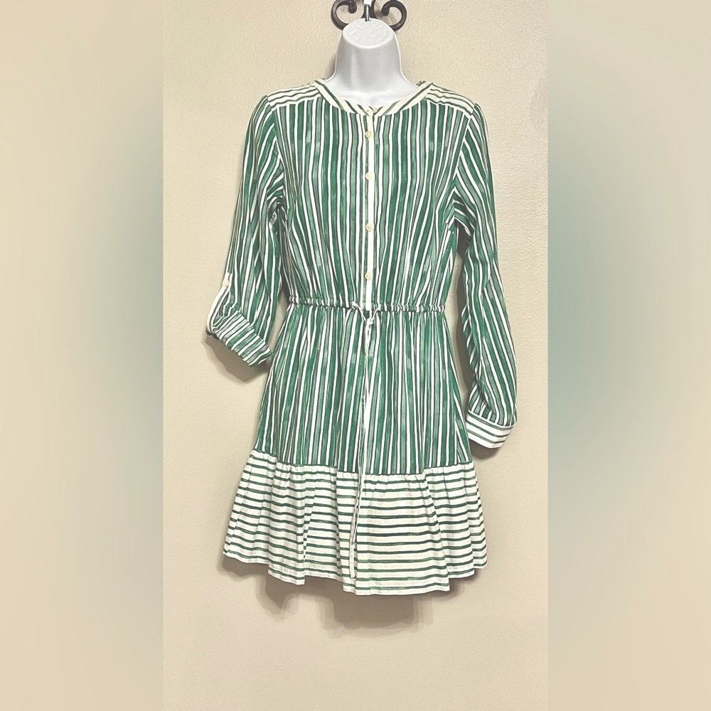 LOFT Striped Tab Sleeve Button Flounce Dress, size XS